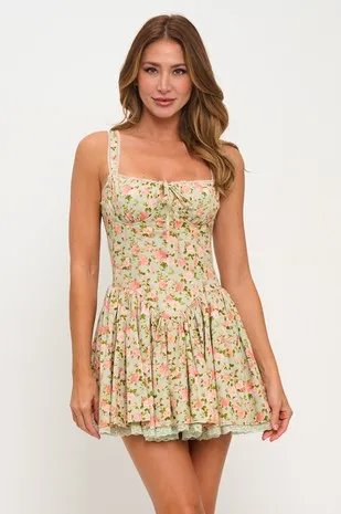 FLORAL LACE TRIM FIT AND FLARE MINI DRESS