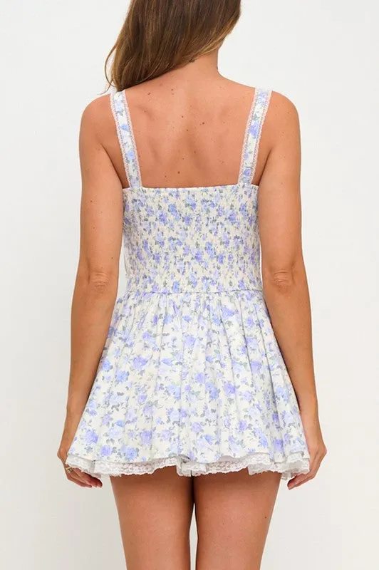 FLORAL LACE TRIM FIT AND FLARE MINI DRESS