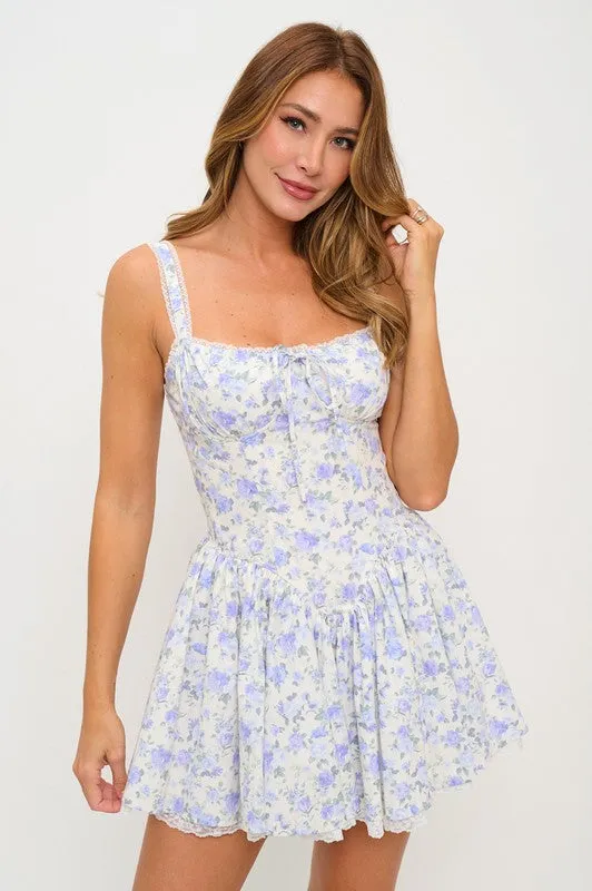 FLORAL LACE TRIM FIT AND FLARE MINI DRESS