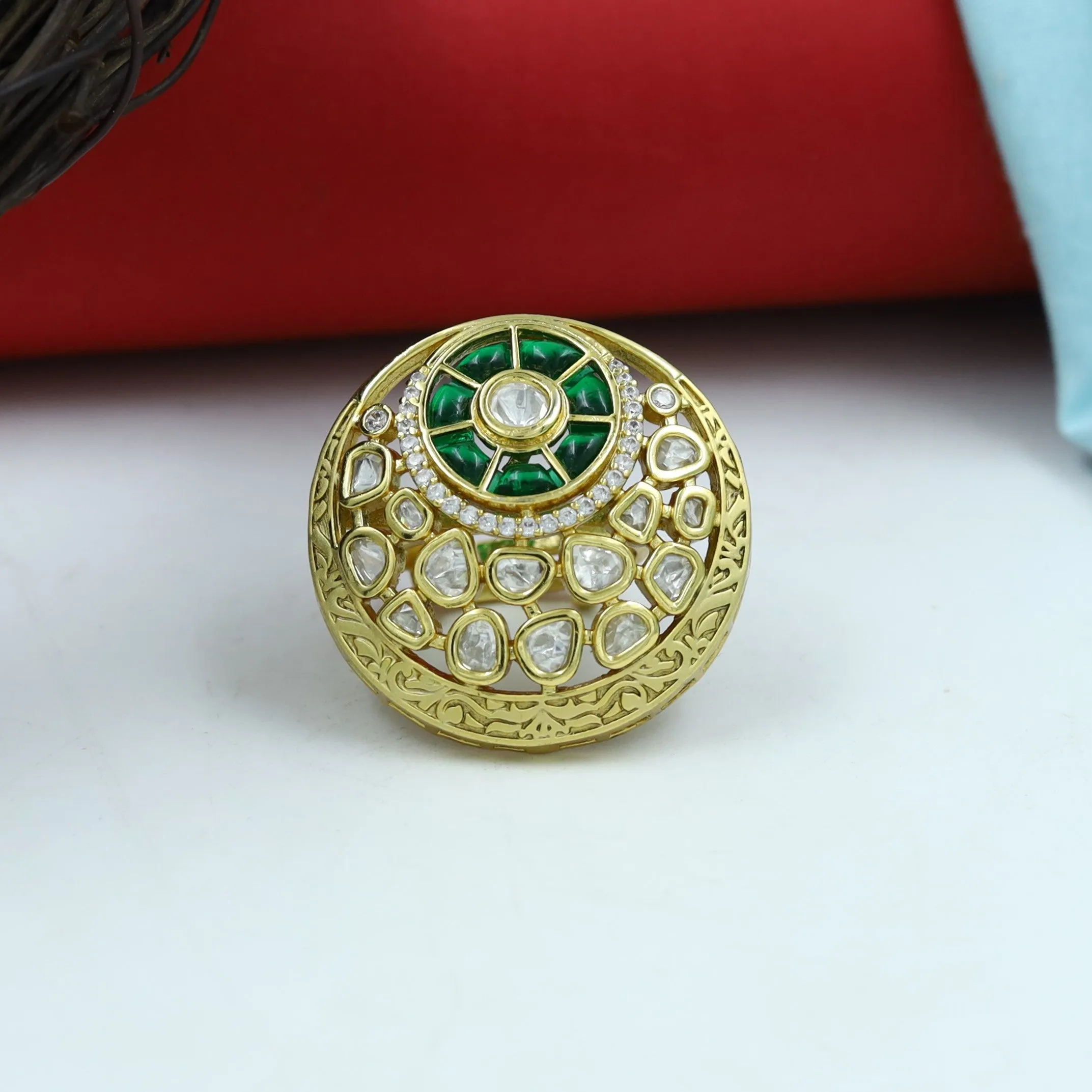 Kundan Cocktail Adjustable Green Ring  10782-6550