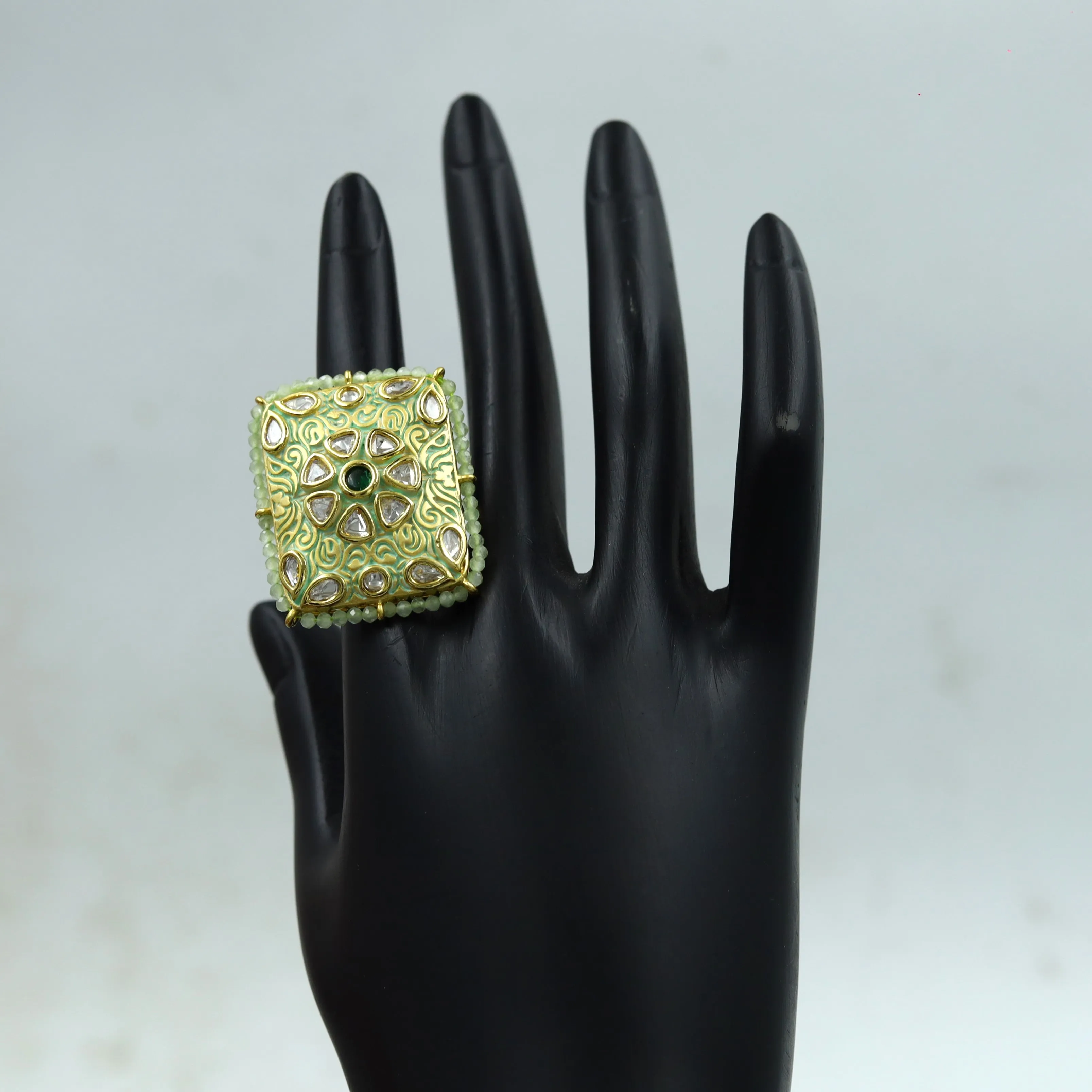 Kundan Meenakari Cocktail Adjustable Mint Green Ring 10784-6555