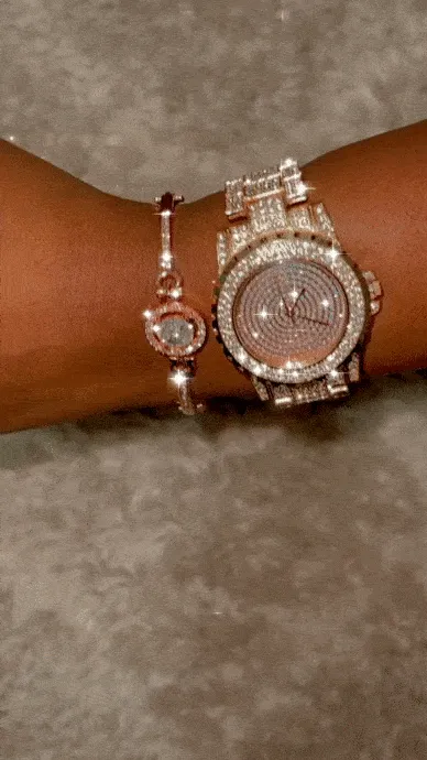 Rose Gold Tone Blinged Out Watch & Bracelet Set