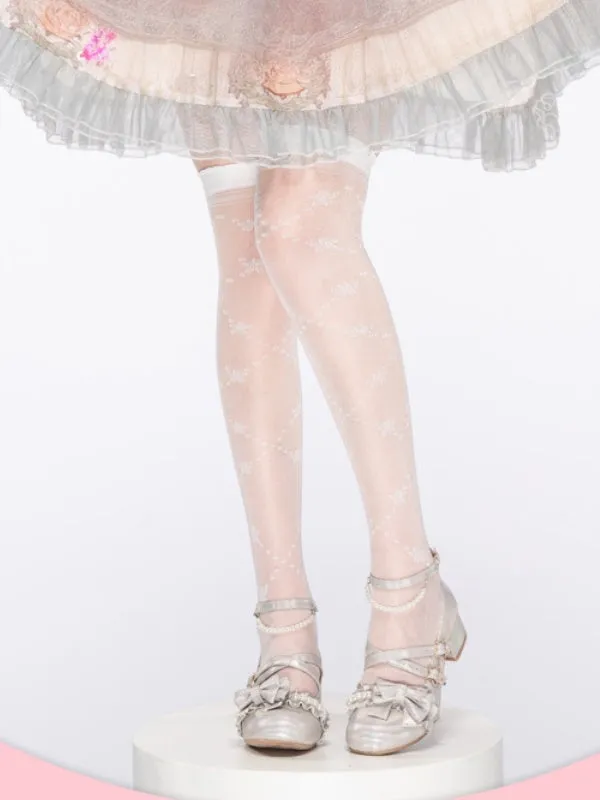 White Sakura Pattern Ribbed Trim Over Knee Stockings