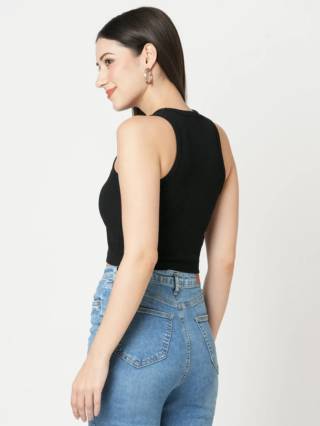 Women Slim Fit Black Solid Crop T-Shirt Rib
