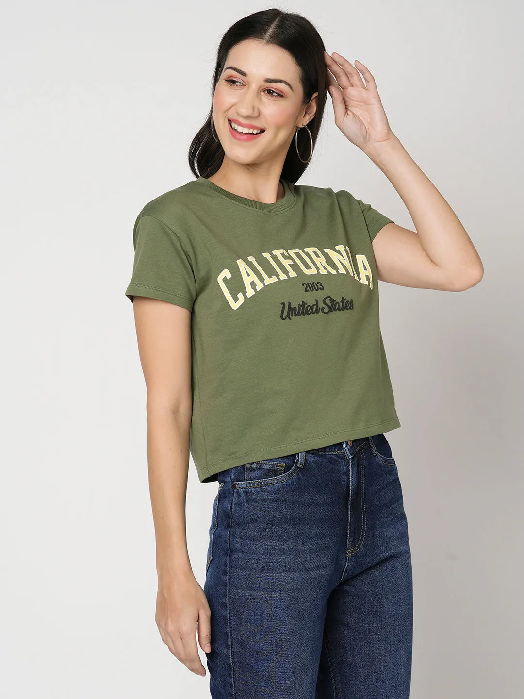Women Slim Fit Olive Printed Athleisure Top