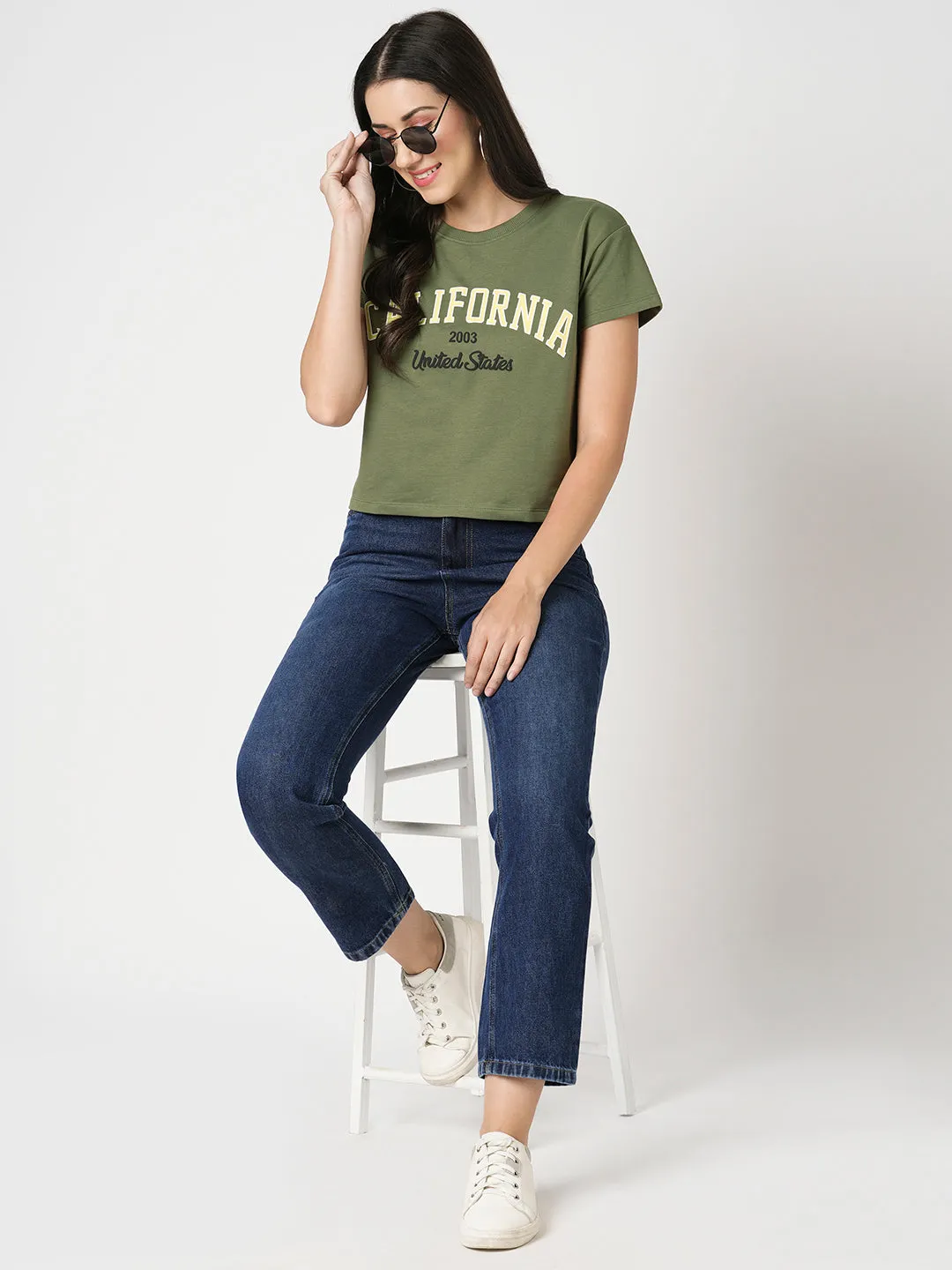 Women Slim Fit Olive Printed Athleisure Top